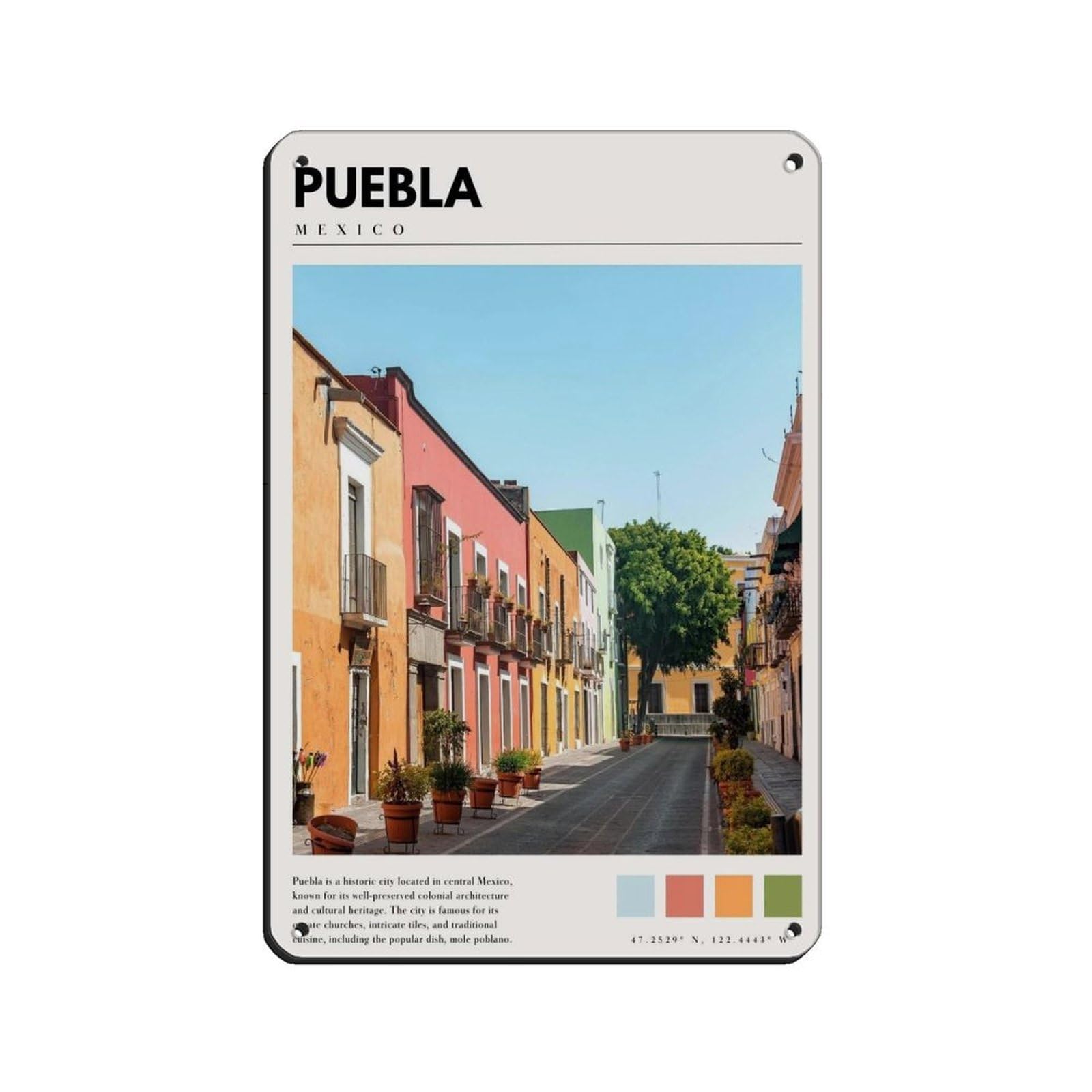 Puebla Mexico Poster Mexico Art Tin Sign Vintage Metal Pub Club Cafe Bar Home Wall Art Decoration Poster Retro 8x12inch(20x30cm)