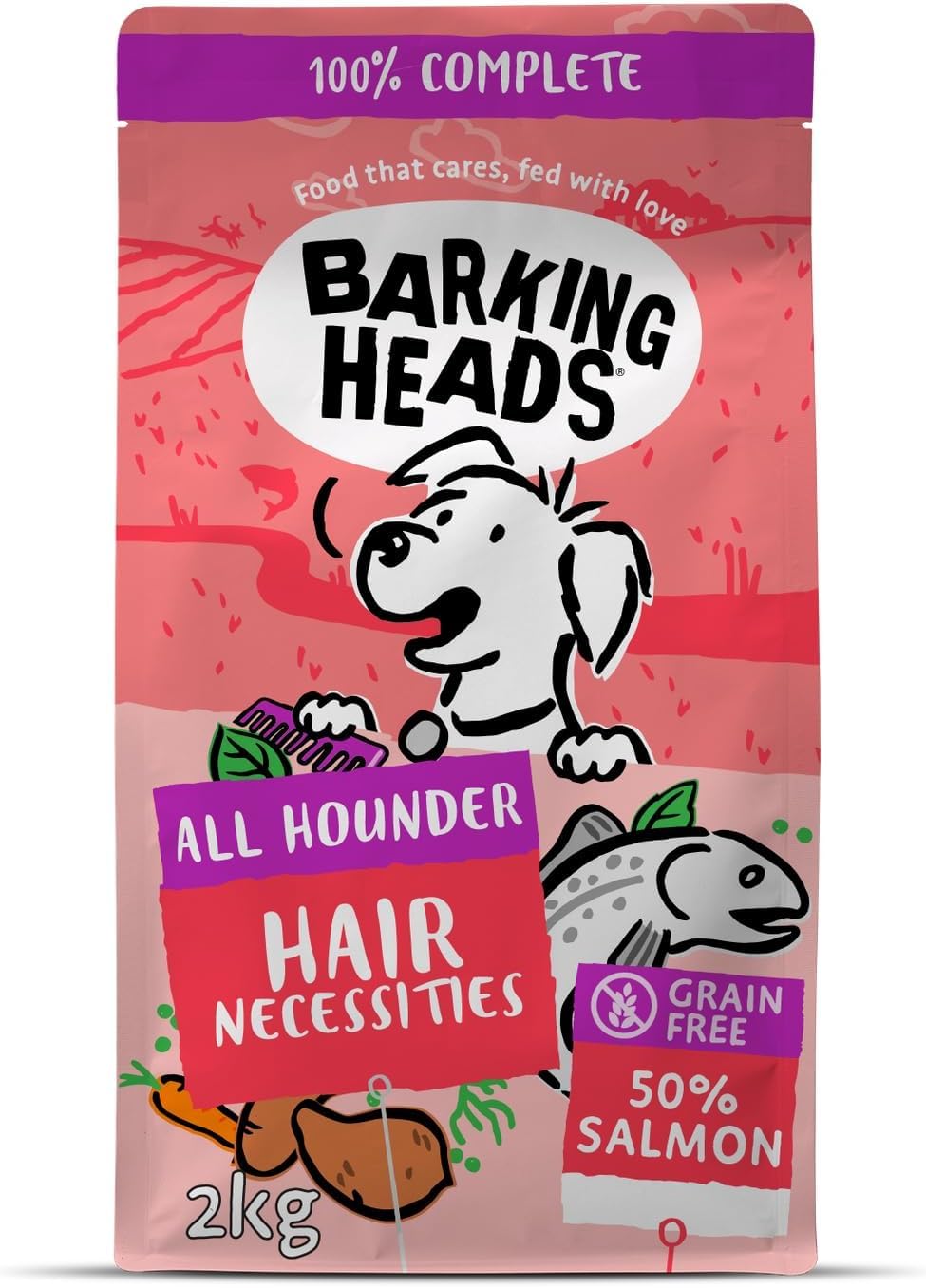 Barking HeadsComplete Dry Dog Food 2kg - Adult All Hounder Hair Necessities Salmon - Natural Grain Free Hypoallergenic for Skin & Coat - Vet Approved