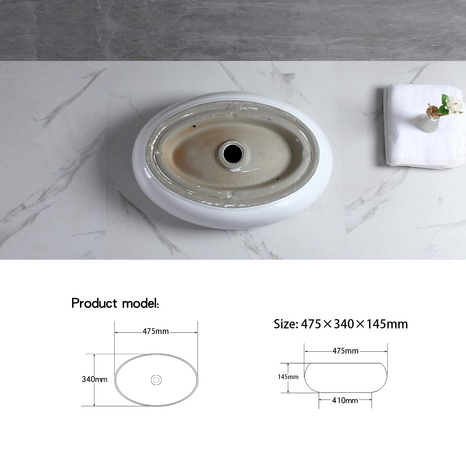 Lavabo de Cerámica Lavabo de Recipiente Ovalado de Blanco Lavabo Sobre Encimera Para Guardarropa Baño Cocina