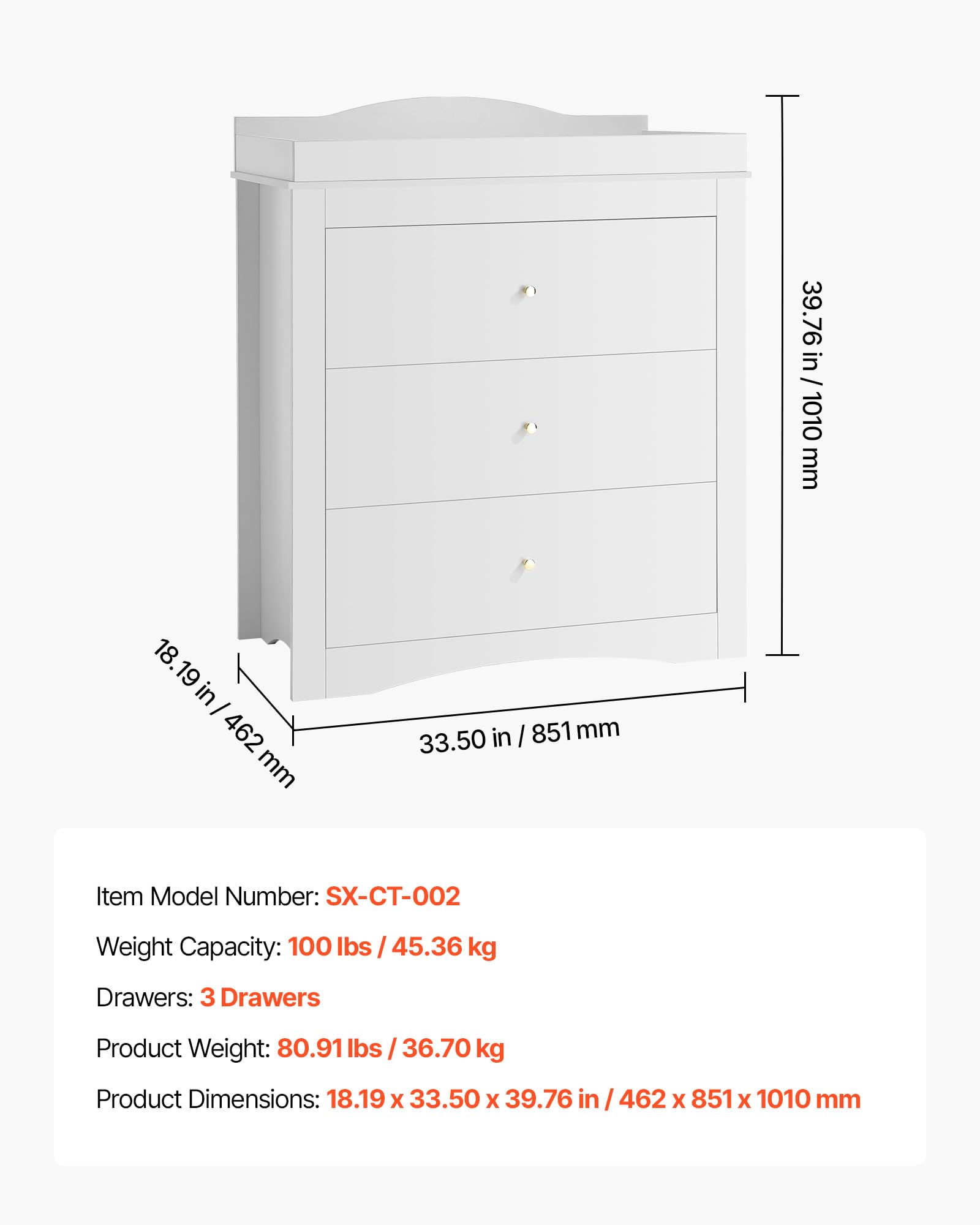 VEVOR Zmieniacz, nowoczesny wielofunkcyjny przewijak pieluchy dla niemowląt 462 x 851 x 1010 mm z 3 szufladami i organizerem do przechowywania, obciążenie 45 kg do pokoju dziecięcego, biały
