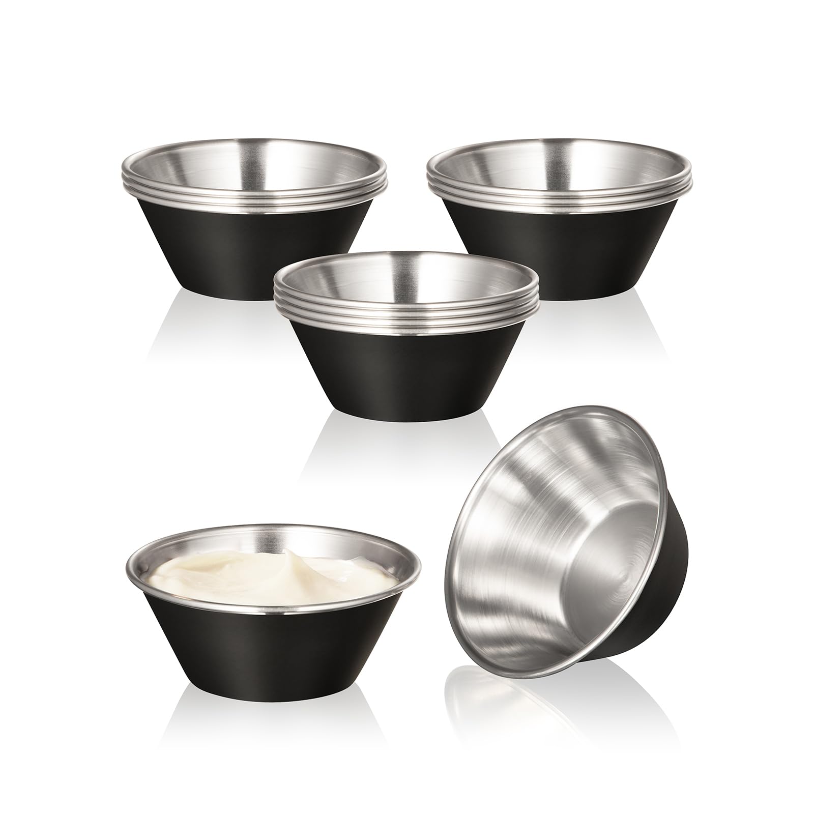 Fit Meal Prep [12 Pack 1.5 oz Stainless Steel Sauce Cups - Matte Black Individual Round Condiments Ramekins, Commercial Grade Safe/Portion Dipping Sauce Kitchen Set