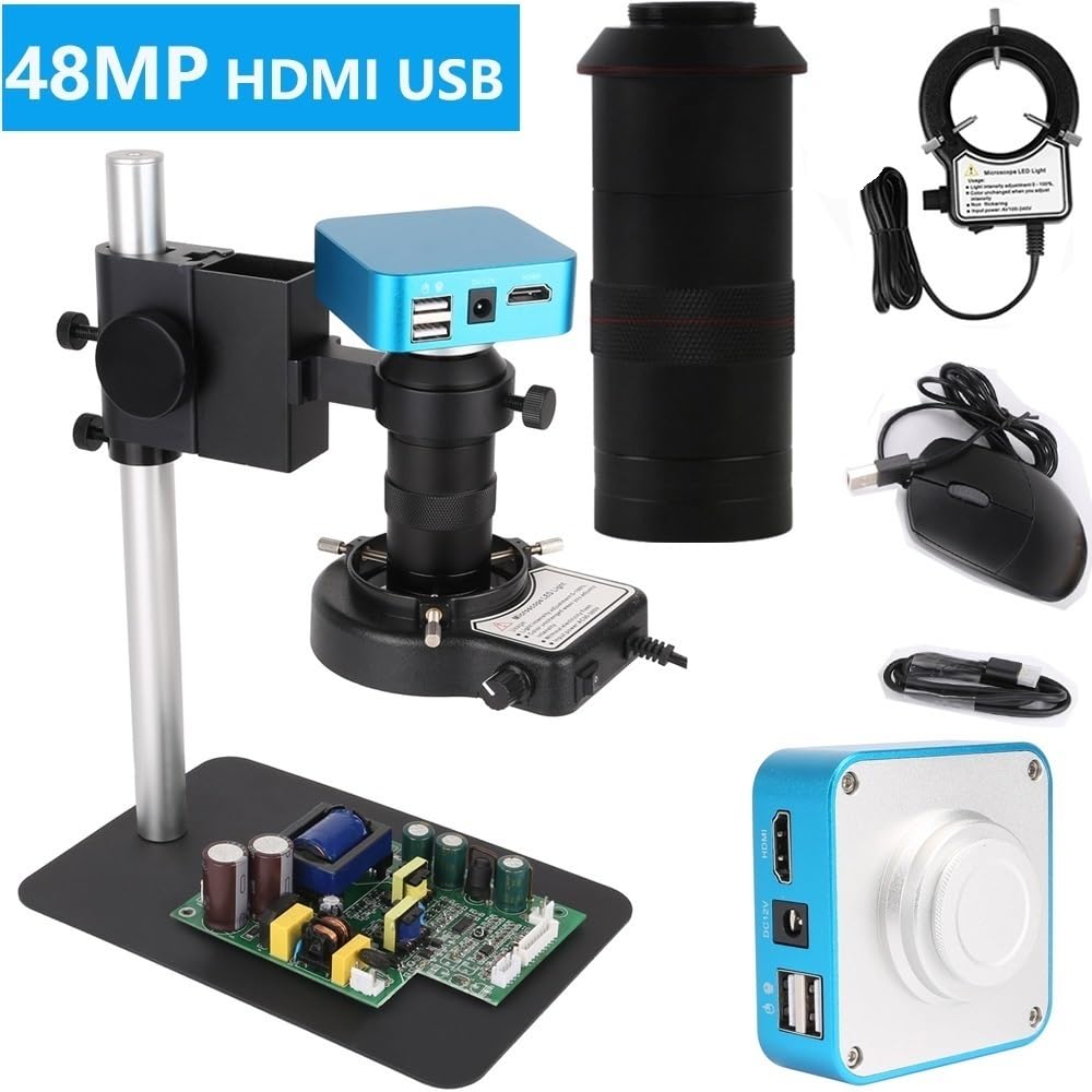 Microscope Microscope Camera 4K 48MP Industrial Monocular Microscope HDMI Camera I_MX335 CMOS Continus Zoom 56 LED Ring Light for PCB Soldering(48MP Camera A)
