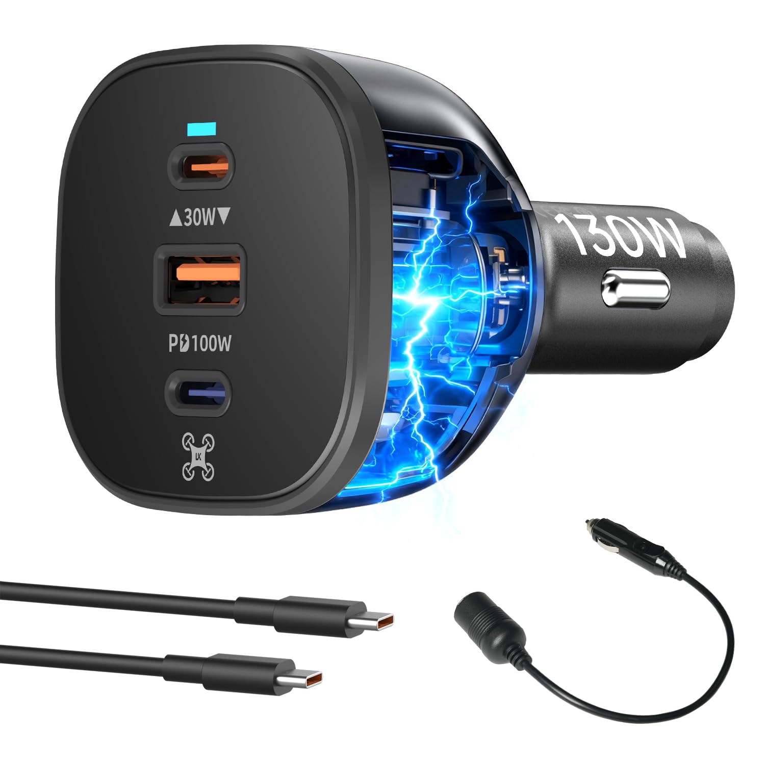 LKTOP 130W Drone Car Charger for DJI/Potensic/Holy Stone/Skyrover, 3-Port USB-C/USB-A Power Adapter for DJI Mini/Air/Mavic 4 Pro/Mavic 3/Avata/Flip/Neo Series, Charging Hub (Extension Cord Included)