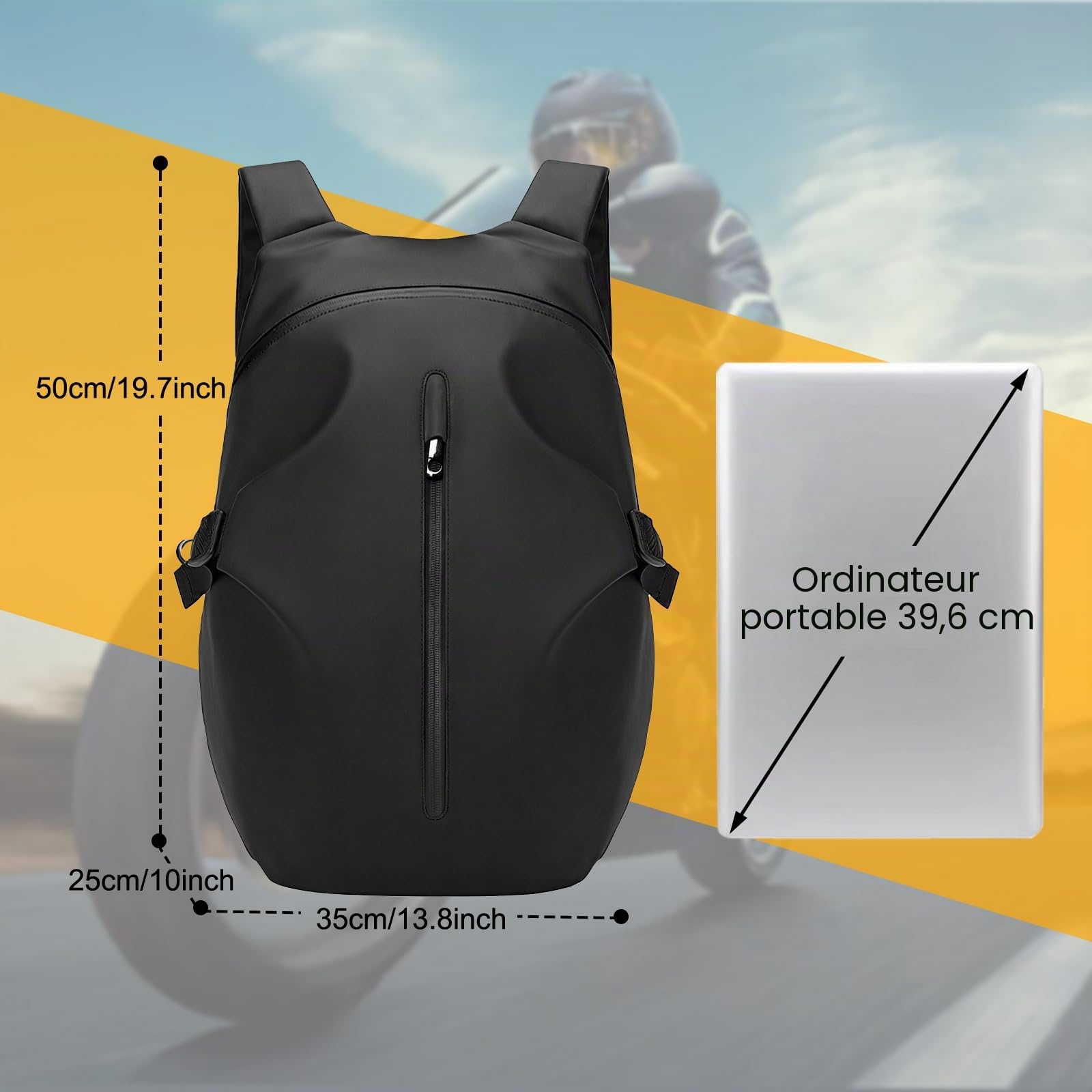 Sac à dos de moto résistant à l'eau avec compartiment pour casque, sac à dos de voyage, sac à dos pour ordinateur portable, sac à dos léger et décontracté pour l'école, noir