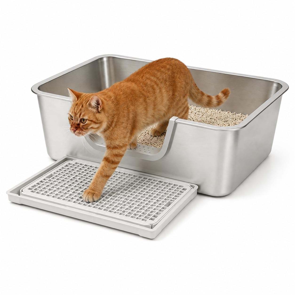 Bac à litière XXL en acier inoxydable avec tamis, bord haut et entrée basse, sans odeur, facile à nettoyer, bac à litière en métal pour grands chats et maison multi-chats, 60 x 40 x 20 cm