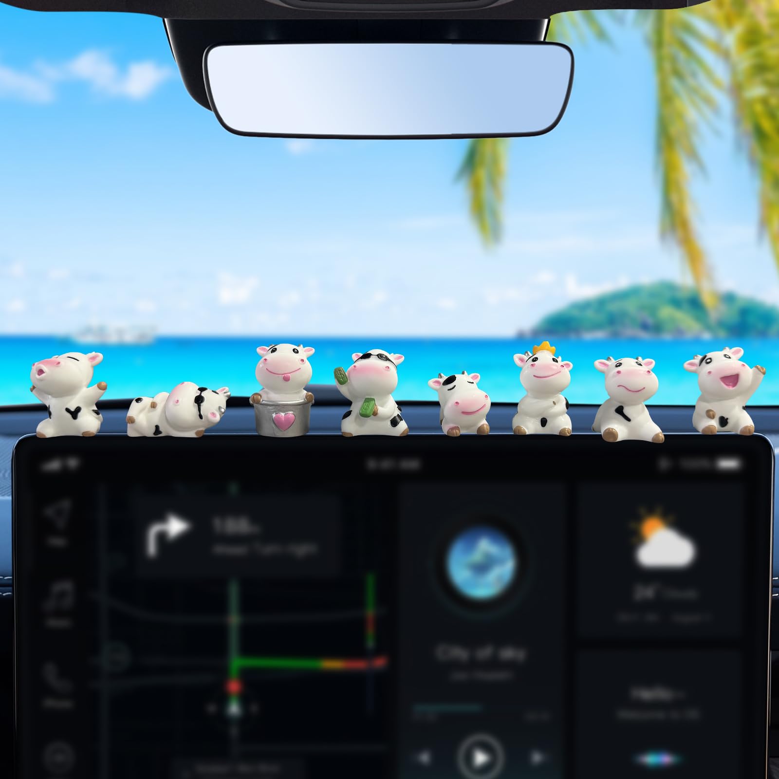8Pcs Cute Cow Car Dashboard Ornaments - Vehicle Rear View Mirror Dashboard Touchscreen Top Funny Adorable Mini Decor