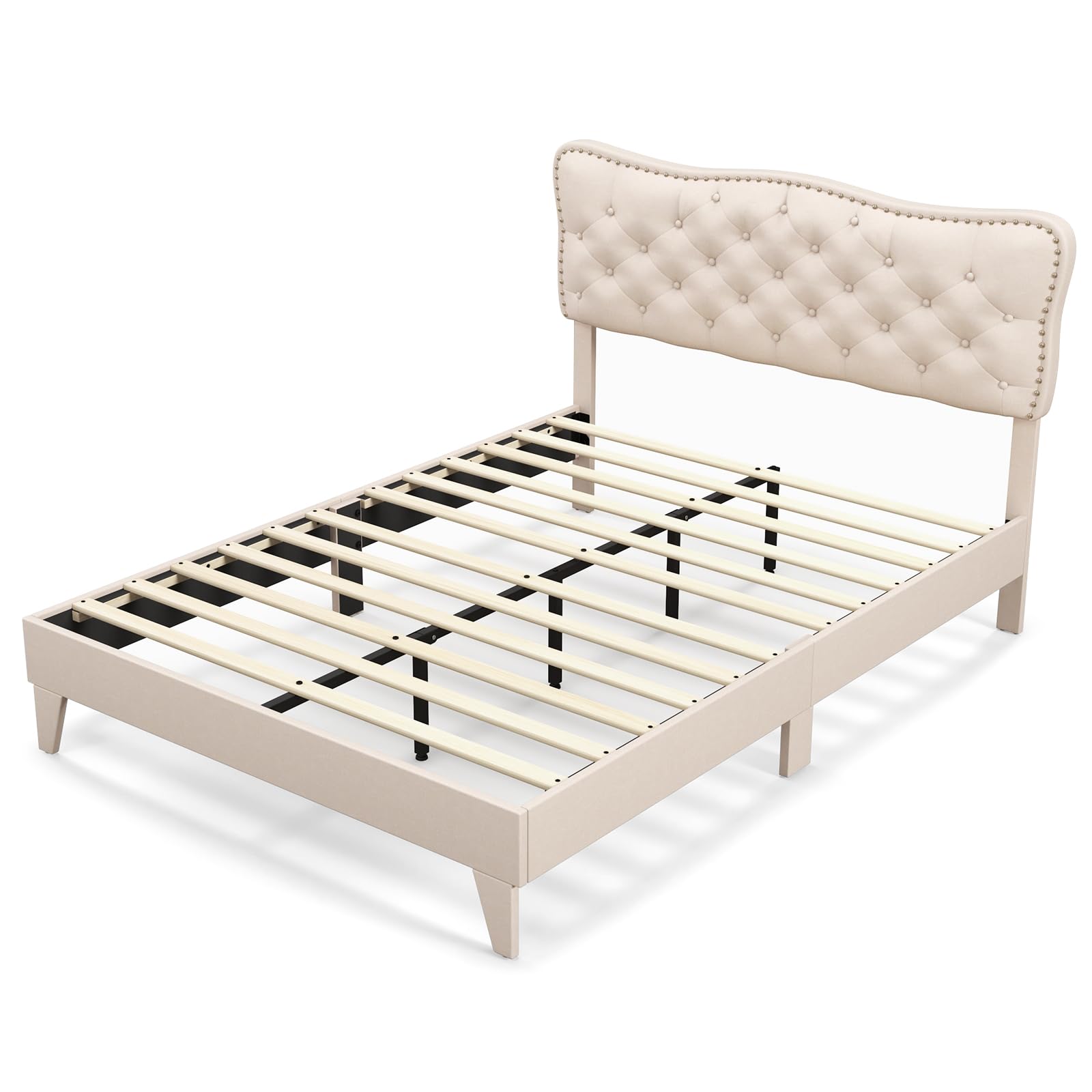 Multigot 4FT6/5FT Upholstered Bed Frame, Wooden Slat Support Bed Platform with Button Tufted Headboard, King/Double Modern Size Bedstead for Bedroom Guest Room Hotel, No Box Spring Needed (5FT)