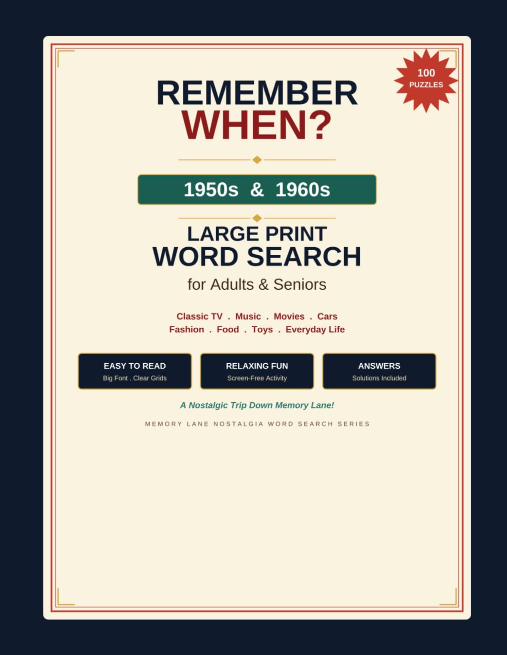 Remember When? 1950s & 1960s Large Print Word Search for Seniors: 100 Nostalgic Puzzles: Easy Big Font Word Find Puzzle Book | Brain Games & Memory ... | Relaxing Screen-Free Fun with Solutions