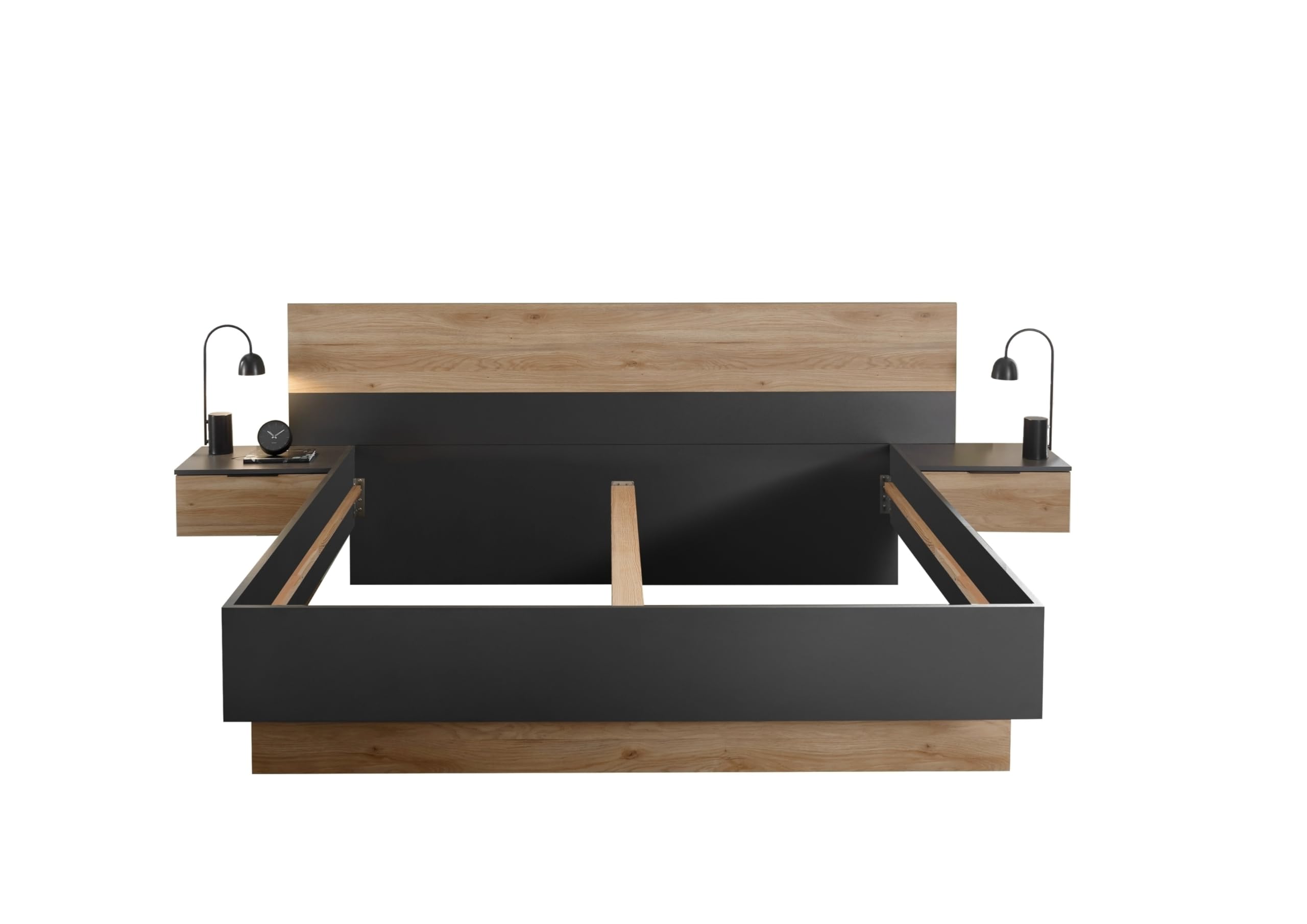 möbelando Bettanlage >Aska< Modernes Bett mit 2 Nachtkommoden, Stauraum, 180x200 cm Liegefläche, Graphit und Mauvella Eiche Dekor, Pflegeleichte Oberfläche, zerlegt geliefert, 285x95x205 (BxHxT)