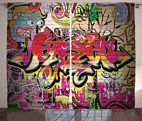 Ambesonne Brick Wall Curtains, Graffiti on Wall Urban Street Art with Spray Paint Tagger Underground Theme, Living Room Bedroom Window Drapes 2 Panel Set, 108" X 96", Soft Red