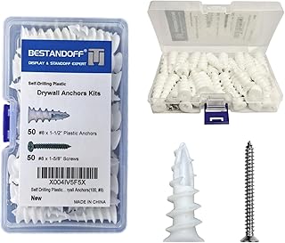 Self Drilling Plastic Drywall Anchors with Stainless Steel Screws Assortment Kit 100PCS, 50 Plastic Anchors and 50 Flat Head Screws, Dry Wall Anchors (100, #8)