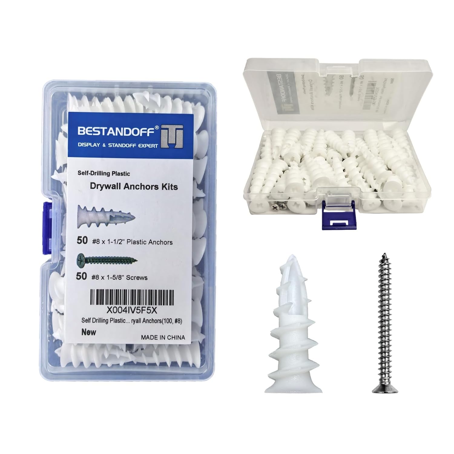 Self Drilling Plastic Drywall Anchors with Screws Assortment Kit 100PCS, 50 Plastic Anchors and 50 Flat Head Screws, Dry Wall Anchors (100, #6)
