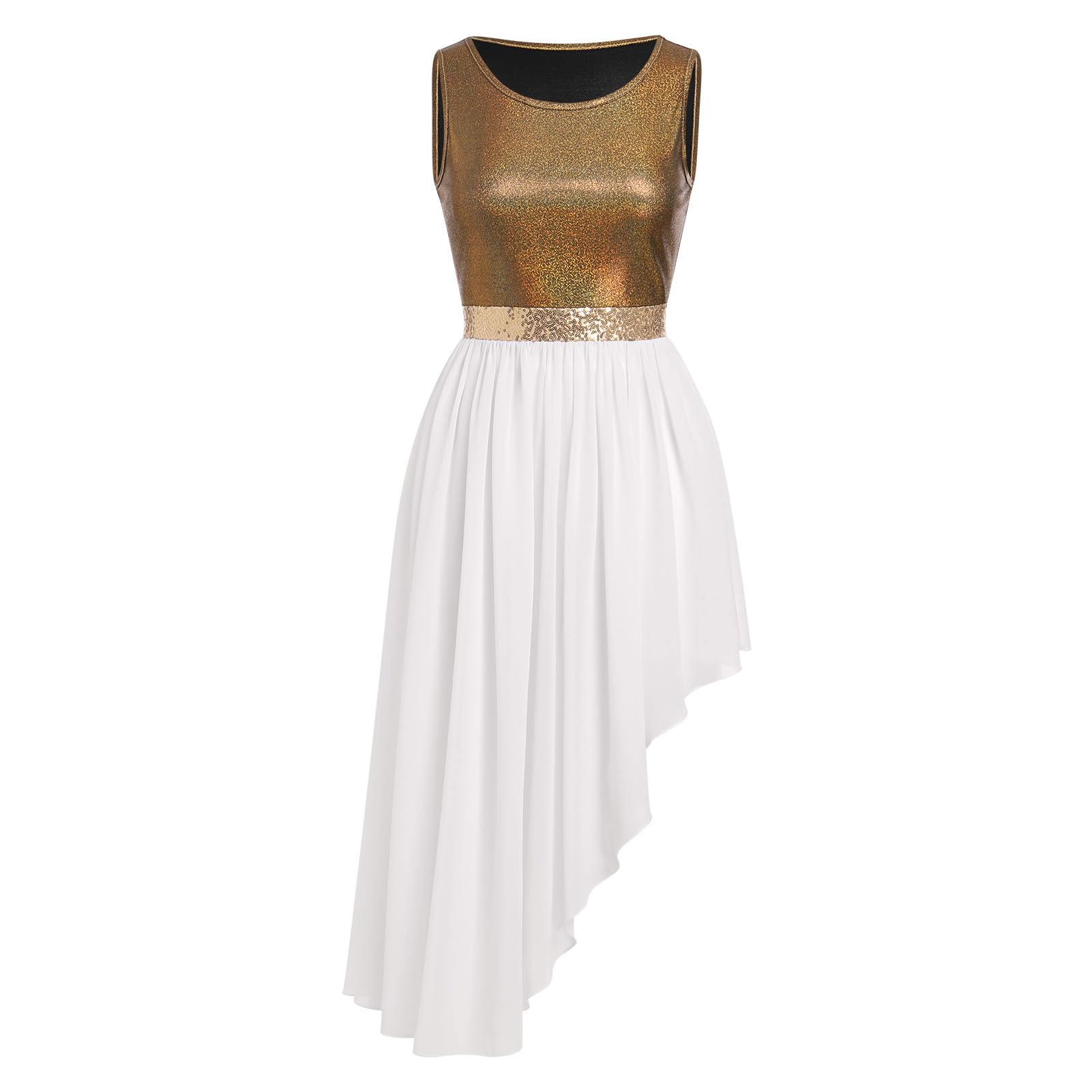 AFAVOM Women Metallic Sequin Praise Dance Dress Asymmetric Ruffle Overlay Dress Liturgical Lyrical Dancewear Worship Costume