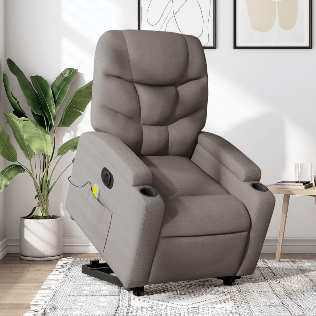 Sillón elevador eléctrico reclinable de tela gris con 6 puntos de vibración y elevación automática, asiento cómodo y estable para relajación y bienestar