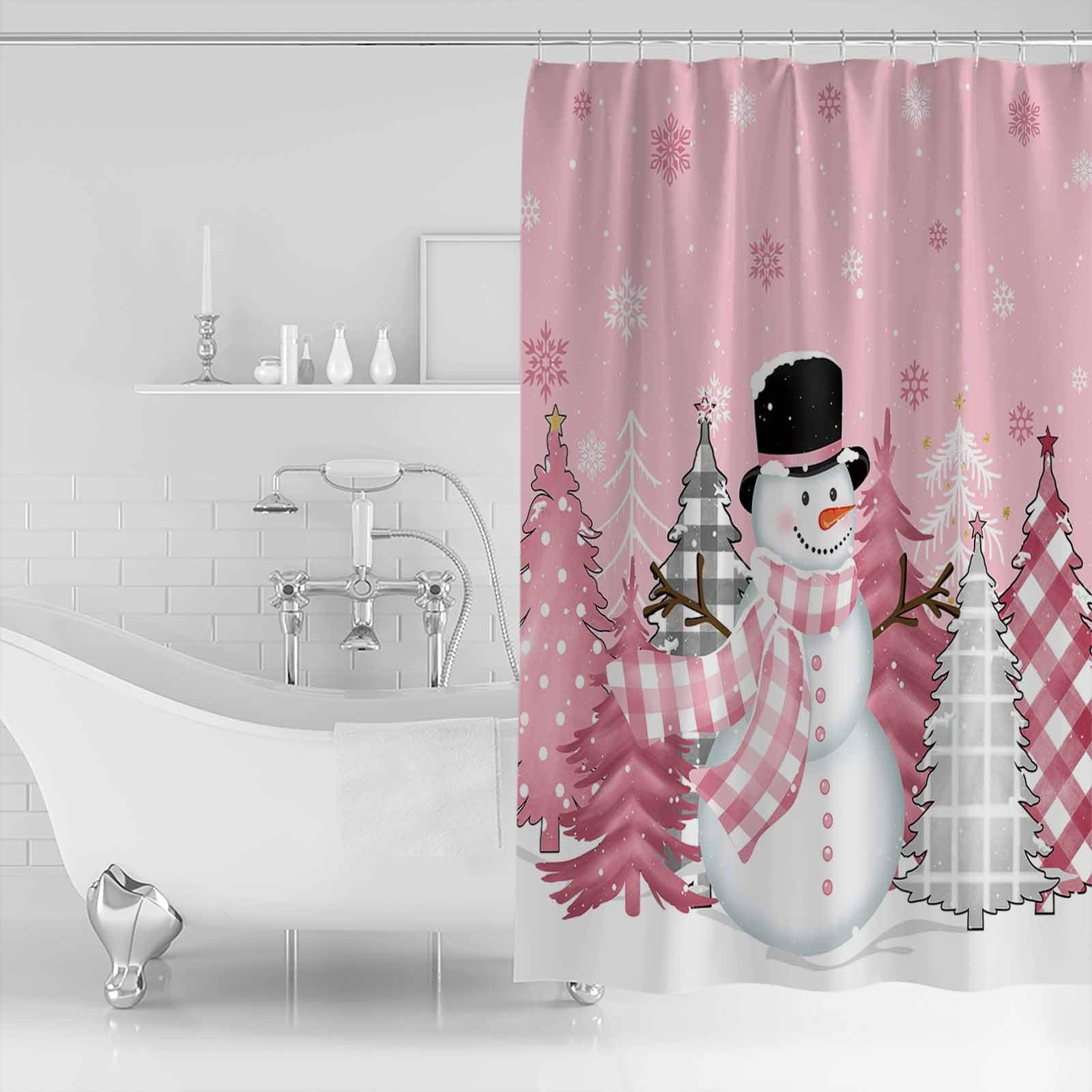 Christmas Snowman Shower Curtain - Pink Snowman Winter Holiday Bathroom Decor With Hooks