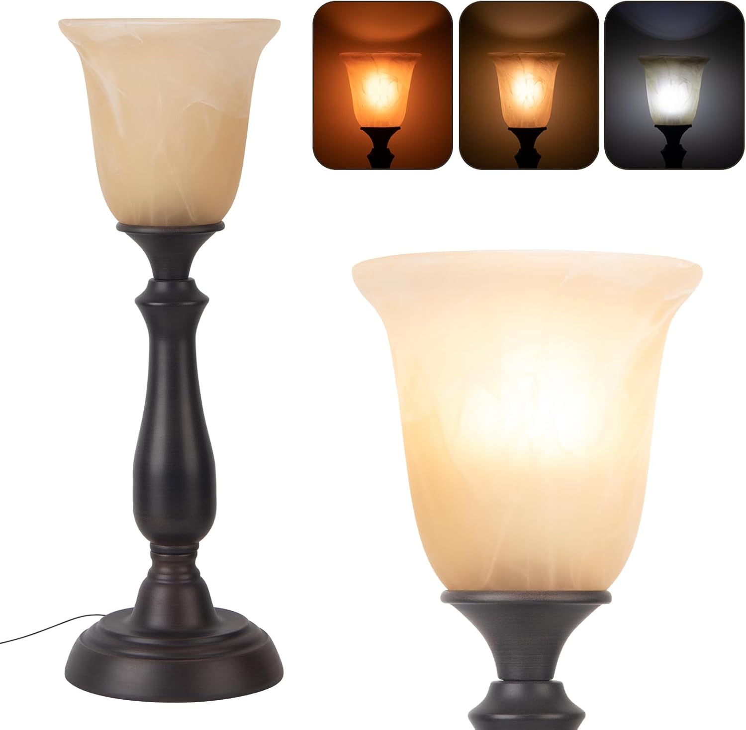 HonoDing Farmhouse Table Lamp for Living Room, Nightstand Lamp with Alabaster Glass Shade, Iron Brushed Nickel Desk Lamp for Living Room Reading Bed Side End Table, Bedroom, Office, Reading Lamp