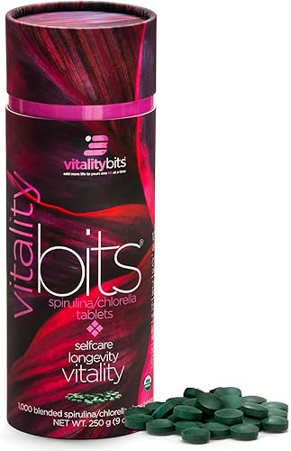 VITALITYbits - Tabletas de clorella espirulina suplementos energéticos recipiente grande de 1000 tabletas de superalimentos algas verdes azules