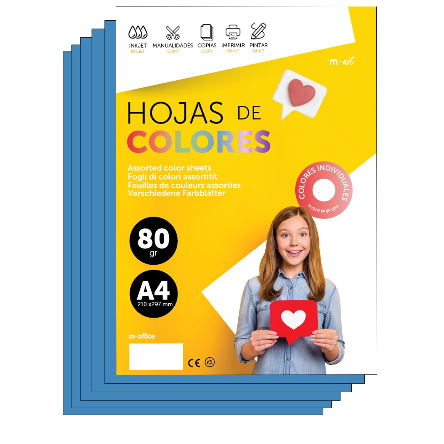 A4 Colour Paper - 80g A4 Sheets for Inkjet and Laser Printers, Ream Paper for Crafts, DIY and Decoration m-Office (500 Sheets, Blue)