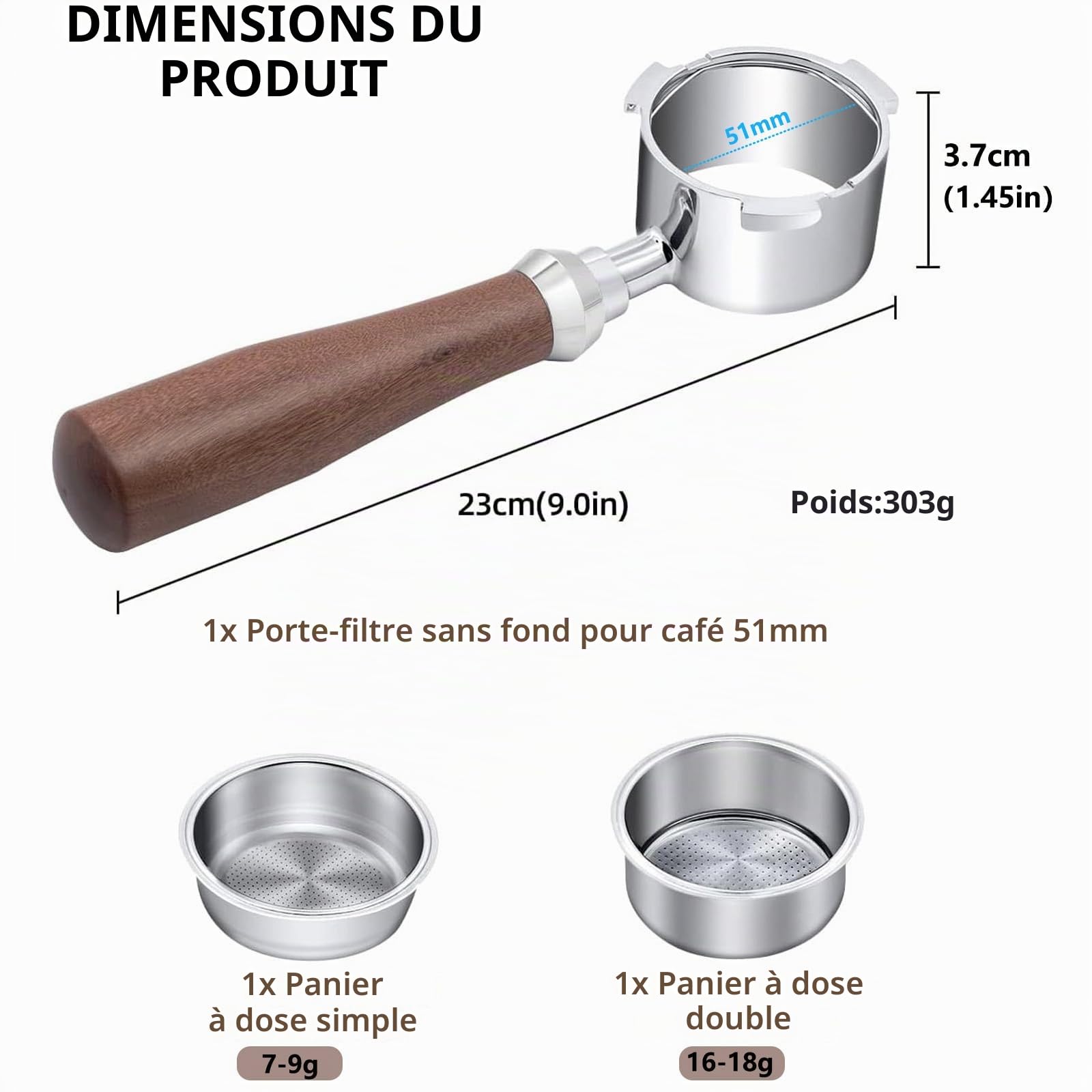 Porte-filtre Sans Fond 51mm, 3 Ears Bottomless Portafilter Compatible