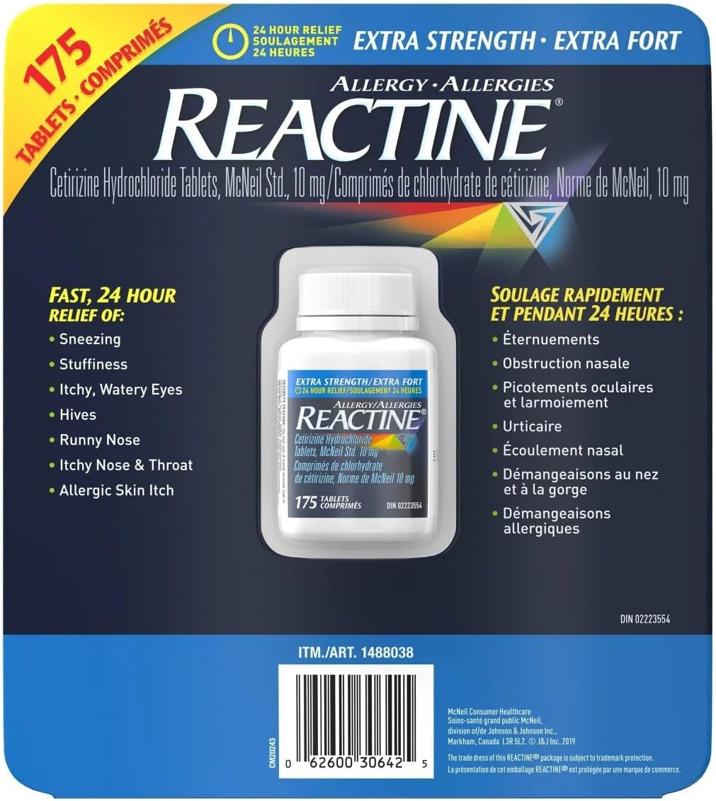 8 Symptoms of Allergies! Stop Symptoms of Airborne Allergies Reactine Extra Strength Antihistamine Tablets - 10mg Cetirizine Hydrochloride - 24 Hour Allergy Relief Medicine - 175 Count