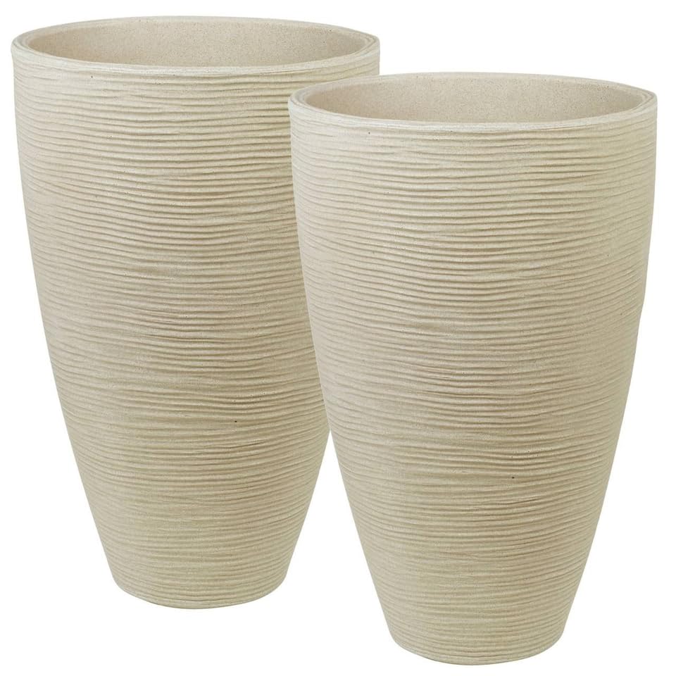 URBNLIVING Large Plastic Plant & Flower Pot Planters Round Square Ribbed Décor - 2 x Cream