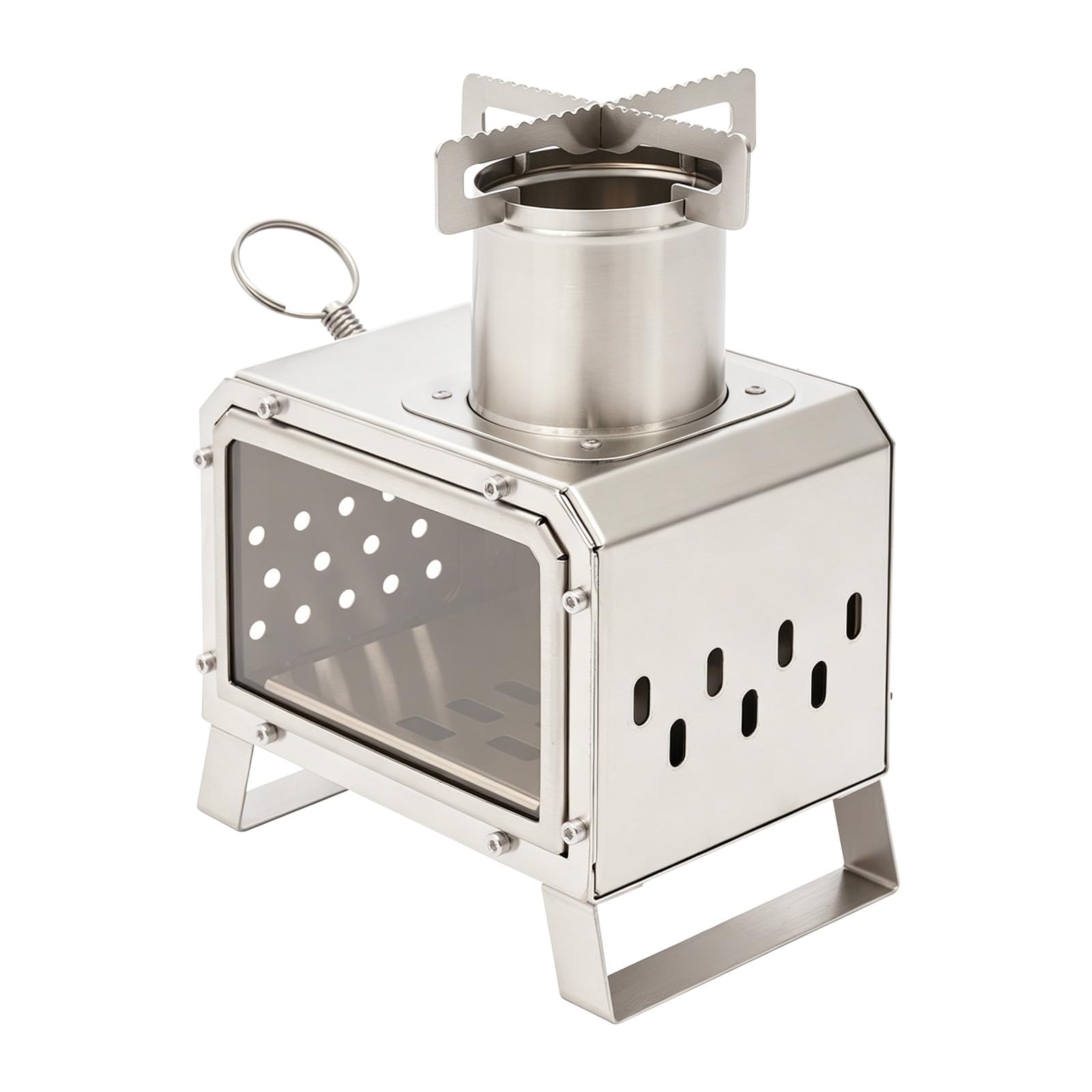 Réchaud Bois Camping Portable, Poêle Inox Avec Vitre Feu Visible, Extérieur