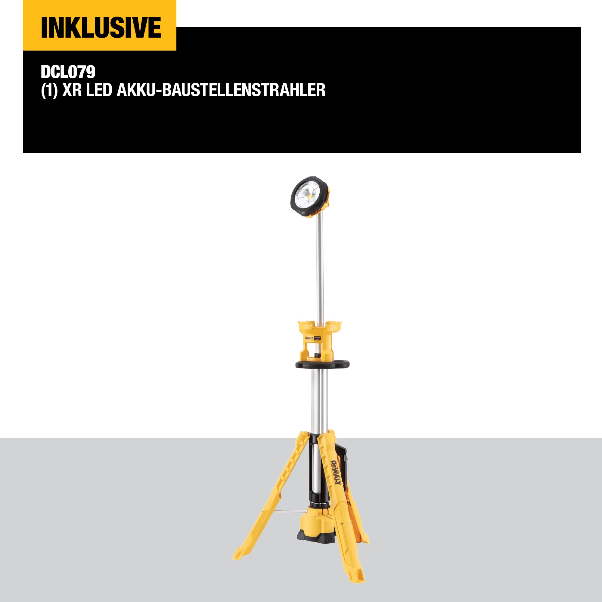 DEWALT LED Akku-Baustellenstrahler (18 Volt XR ausziehbar bis 2.20 m, extrem leistungsstark, dreistufige Lichtstärkeneinstellung, dreh- und neigbar, Lieferung ohne Akku & Ladegerät) DCL079