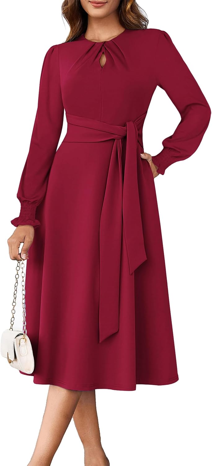 ECOWISH Womens Midi Dress 2025 Fall Long Sleeve Tie Waist Elegant Work Party Cocktail A Line Flowy Dresses with Pockets