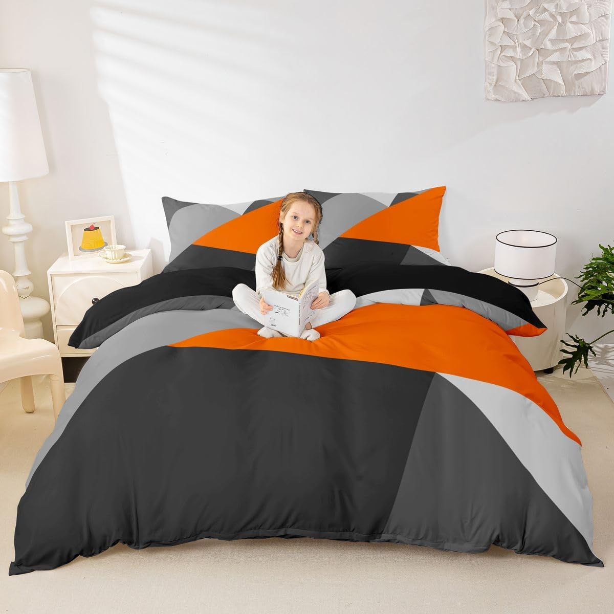Orange And Gray Duvet Cover Queen Patchwork Geometric Triangle Bedding Set Orange Black Light Grey Comforter Cover For Kids Adults Modern Simple Abstract Bed Set With Zipper 2 Pillow Cases