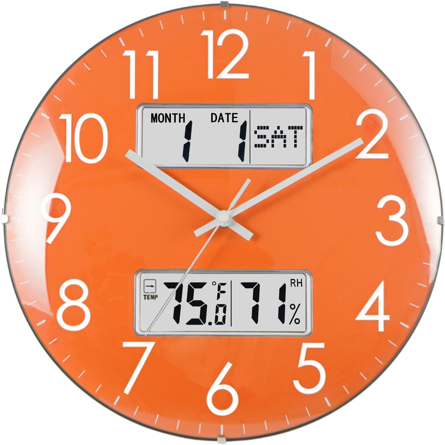 13-Inch Analog Silent Wall Clock with Calendar Temperature & Humidity (Orange)