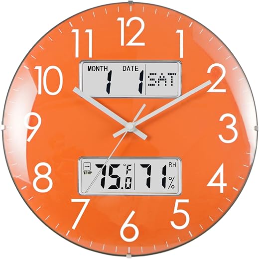 Nbdeal 13 Inch Analog Silent Wall Clock with Calendar Temperature & Humidity (Orange)