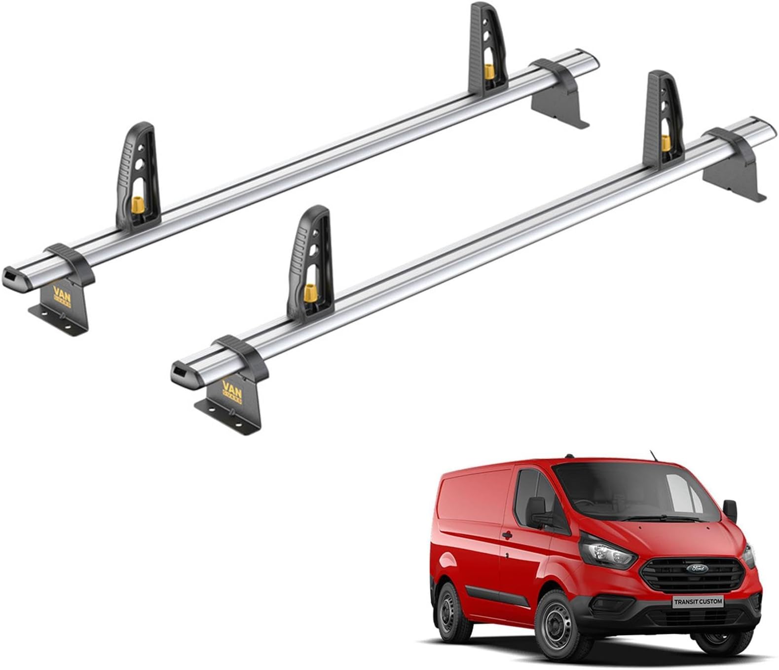 Van Guard Roof Rack for Ford Transit Custom (2013-2024) 2 Aluminium Roof Bars with Loadstops [Only suitable for GEN1 with Standard (H1) Roof] - UltiBar Plus - VG304-2