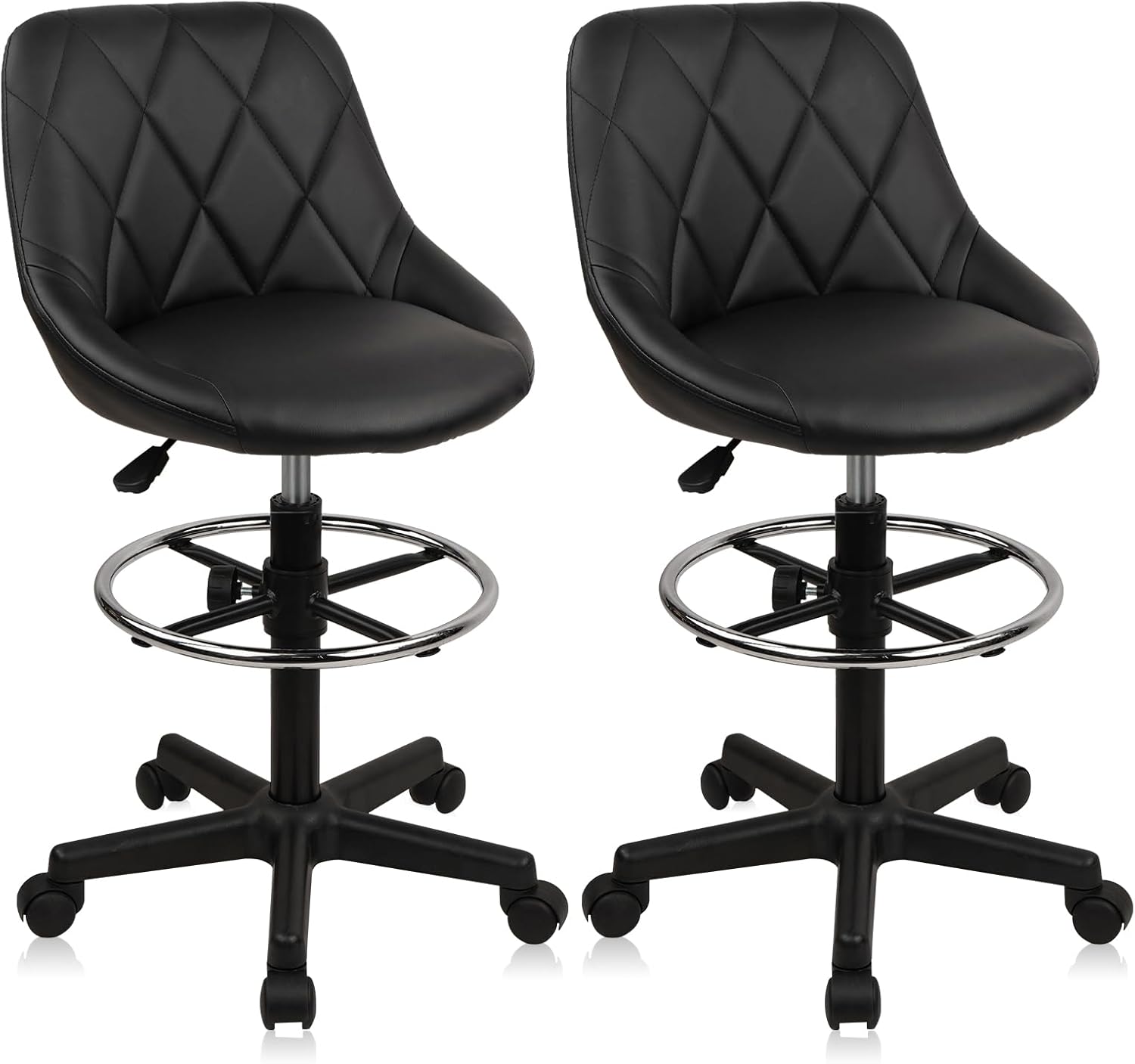 Drafting Chair with Backrest and Wheels, Adjustable Footrest Height Rolling Stool, PU Leather Tall Swivel Chairs Work Shop Office Desk Stools for Kitchen Home Bar, Black, 2 Pack