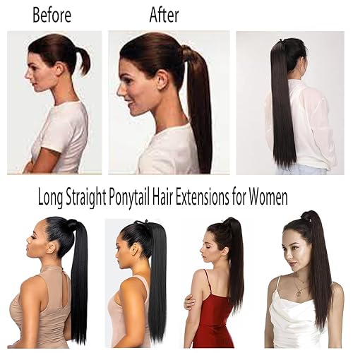 Miniatura 5 de Extensión de cola de caballo larga y recta con clip, extensión de cola de caballo sintética envolvente, extensiones de cabello con clip en cola de