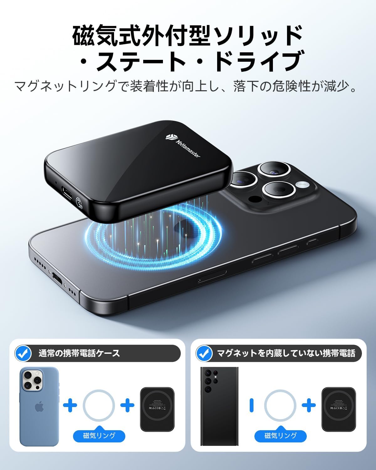 Yottamaster PF20 Portable SSD magnetically attached to the back of an iPhone, demonstrating its secure design.