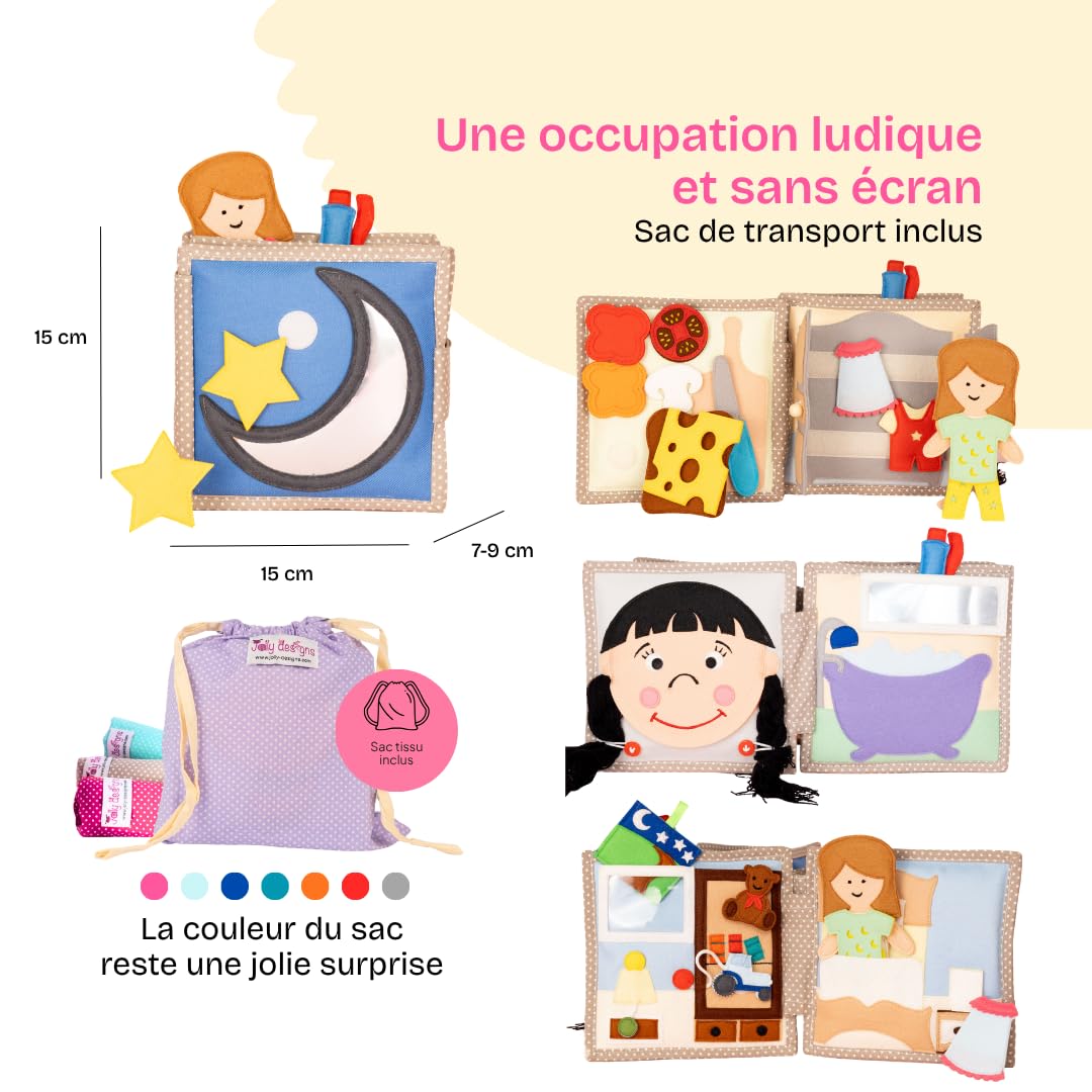 Jolly Designs Quiet Book - Jouet Montessori à partir de 18 mois - Livre sensoriel en tissu pour enfants - Livre Busy Book en feutre fait à la main - Jouet éducatif et jouet de voyage
