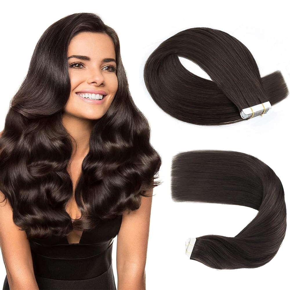 Photo 1 of #1B Natural Black Tape in Hair Extensions Human Hair,Natural Color Straight Remy Human Hair Extensions,14 Inch 45g 10 Pcs,Skin Weft Seamless Invisible, Silky Straight with Thick Ends, Remy Human Hair