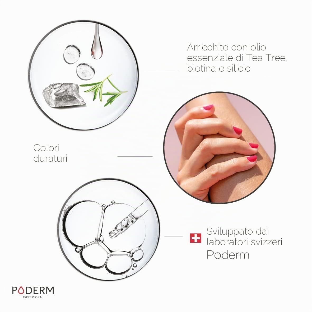 PODERM - 3 PRODOTTI - MICOSI DELLE UNGHIE TRATTAMENTO 3 in 1 | Smalto colorato Rosso lampone TEA TREE | BIO | Trattamento professionale mani/piedi | Facile e rapido | Swiss Made