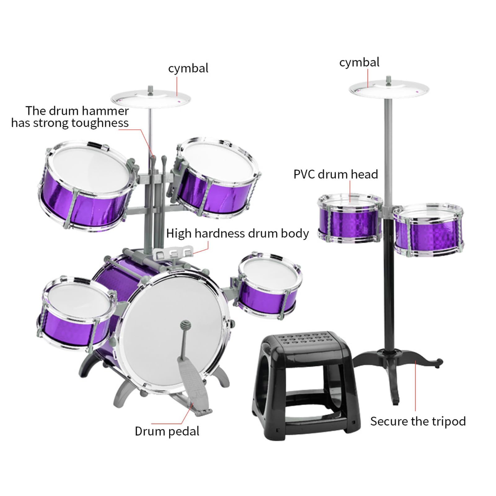 Jazz-Schlagzeug-Set mit Hocker, 7 Trommeln für Anfänger und Geschenke, Verdicktes PVC-Trommelfell, Einfache Montage (Blau)