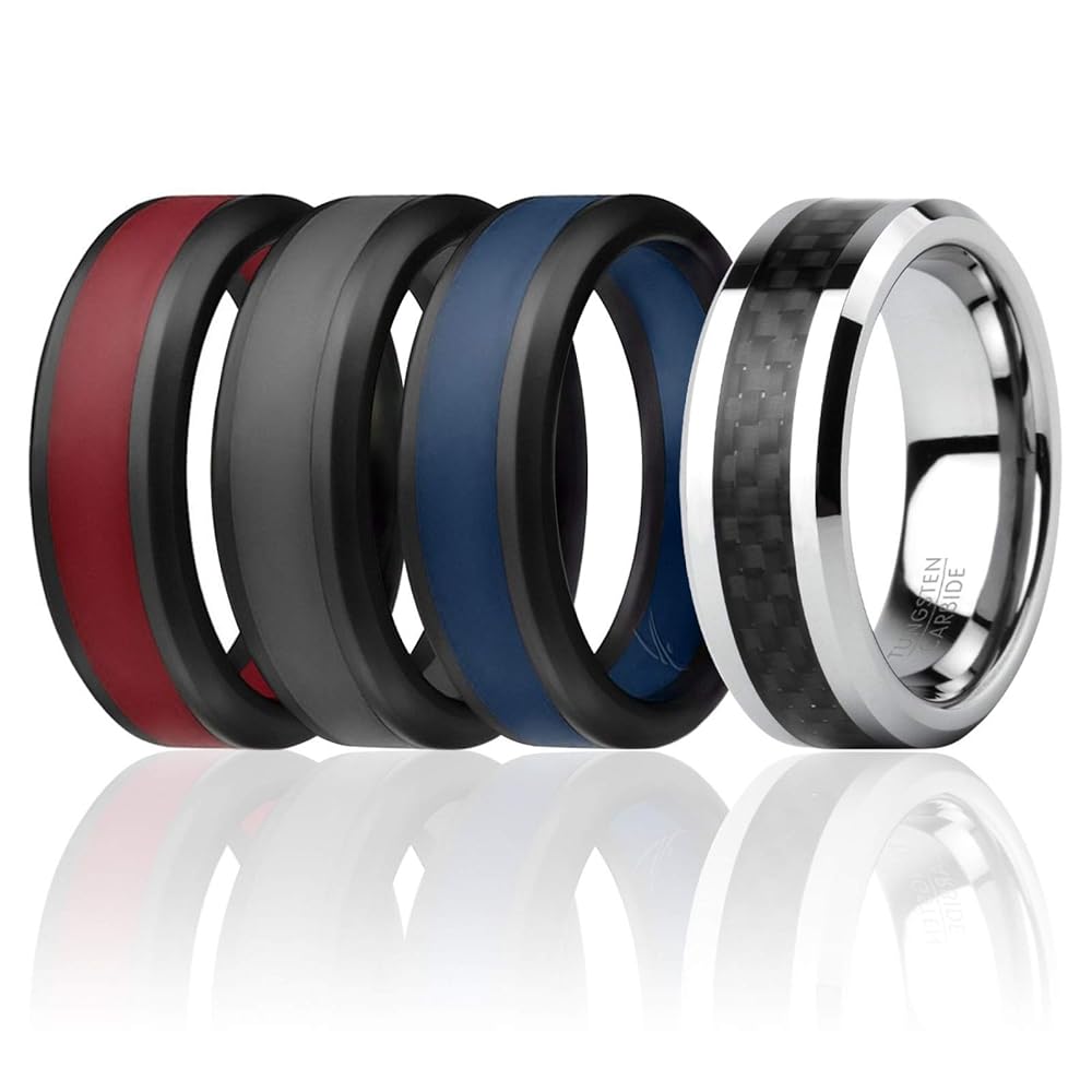 指輪・リング EOU STUDIO MENS TEXTURE R4 ROQ - 4 Pack - 3 Silicone & 1 Tungsten Carbide Wedding Rings