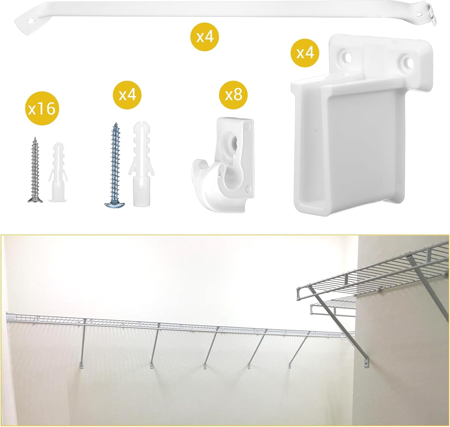 16 Pcs 12 Inch Wire Shelf Support Brackets Kit, Include 4 Mental Closet Support Brace 8 White Down Wall Clips and 4 Wire Shelf End Brackets with Screws for Wardrobe