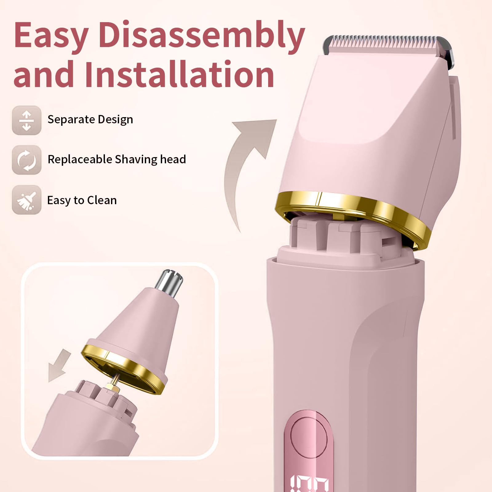 Épilateur Bikini 5-en-1 pour Femmes, Rasoir Électrique Corporel sans Fil Étanche IPX7, 5 Têtes Interchangeables pour Épilation Visage, Jambes et Zone Intime, Lame Céramique, Recharge USB (Rosa)