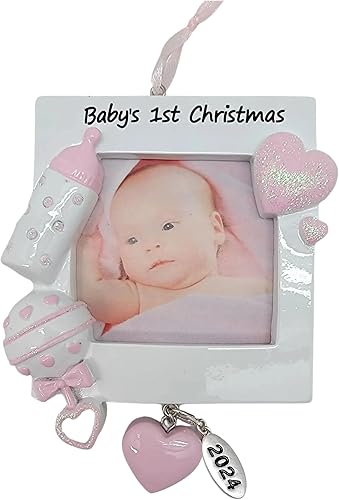 Second Walnut Adorno de marco de bebé para niña, marco de fotos de la primera Navidad, adorno colgante rosa Etiqueta de fecha de año añadido en