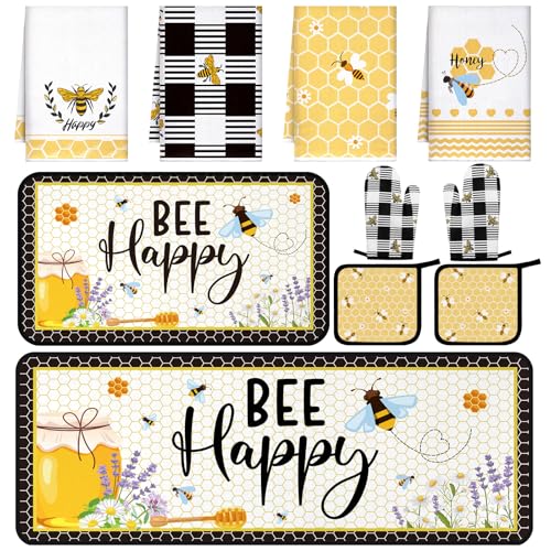 Fourluoo 10 Pcs Bee Kitchen Dish Towels Rugs Oven Mitts and Pot Holders Set Farmhouse Kitchen Decor Set for Women Mom Daughter Gift Cooking Baking Grilling (Cute Yellow Black)