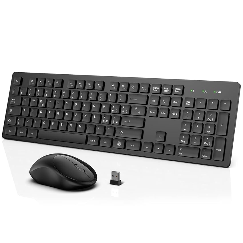 Immagine del prodotto Tastiera e Mouse Wireless, 2,4G Hz Ergonomica Mouse Tastiera senza Fili, Full-Size Tastiera Wireless con Mouse Silenzioso, Lunga Durata della Batteria, per Windows/PC/Laptop - Italiana QWERTY (Nero)