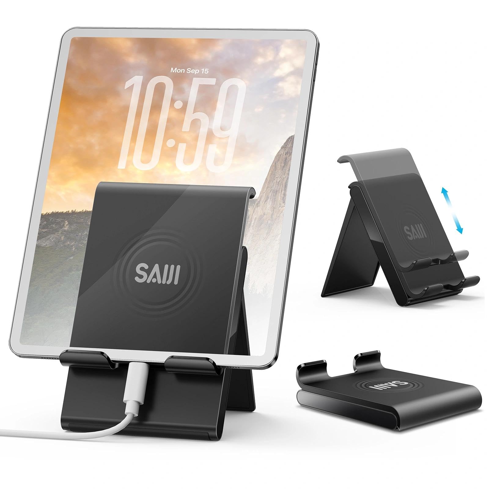 SAIJI Phone & Tablet Stand for Desk | Vertical Charging Stand | Universally Compatible for All iPhone, iPad, E-Readers, Other Smart Phones and Tablets | Foldable and Height Adjustable…-image-1