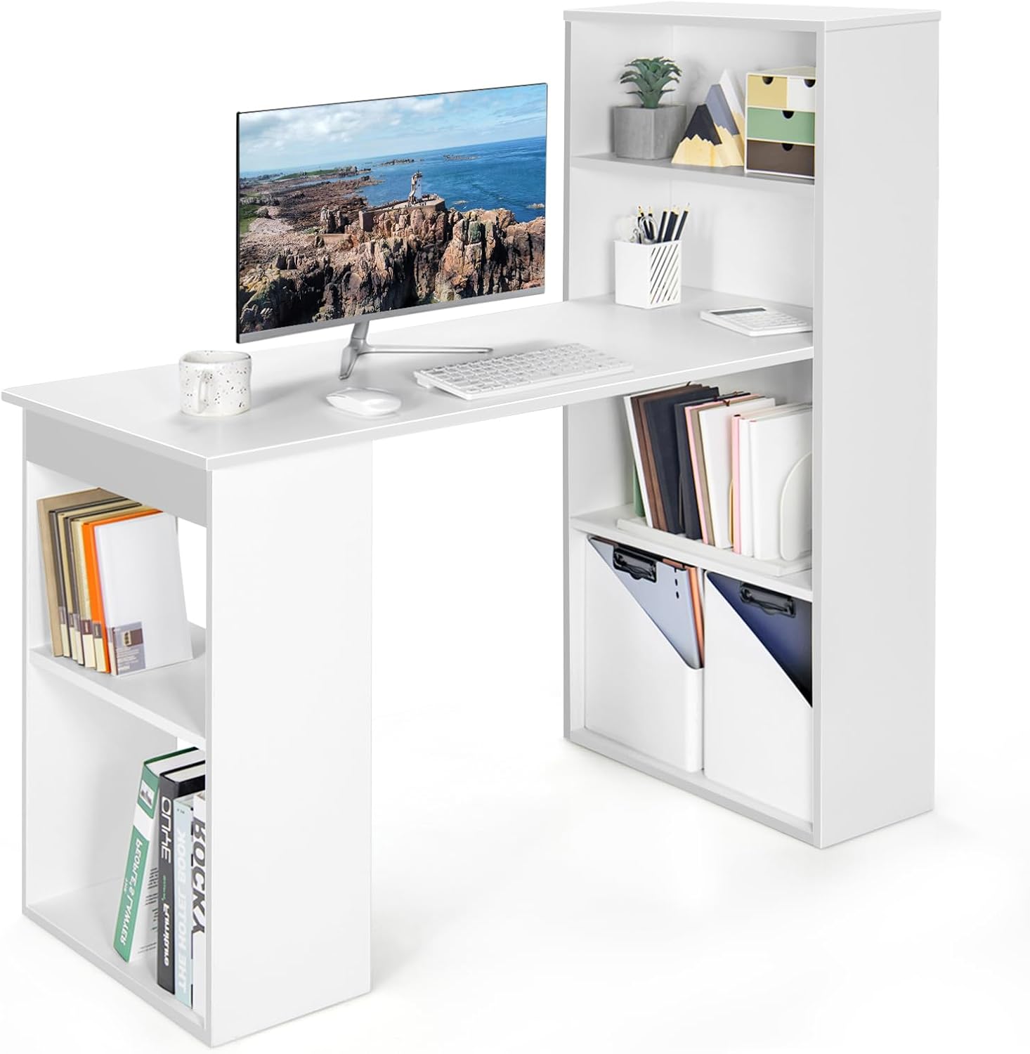 LDAILY Computer Desk with Bookshelf, 48” Modern Office Desk w/ 6-Tier Storage Shelves, CPU Stand, Wider Base, 3-in-1 Reversible Study Table, Writing Desk for Home Office, Bedroom, Study Room (White)