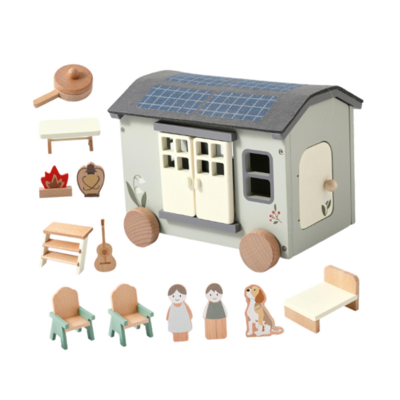harayaa Holz Camping Set, Holztisch Und Stühle, Holz Camping Van, Rollenspiel, Puppenhaus, Pädagogisches Spielzeug für Kinder