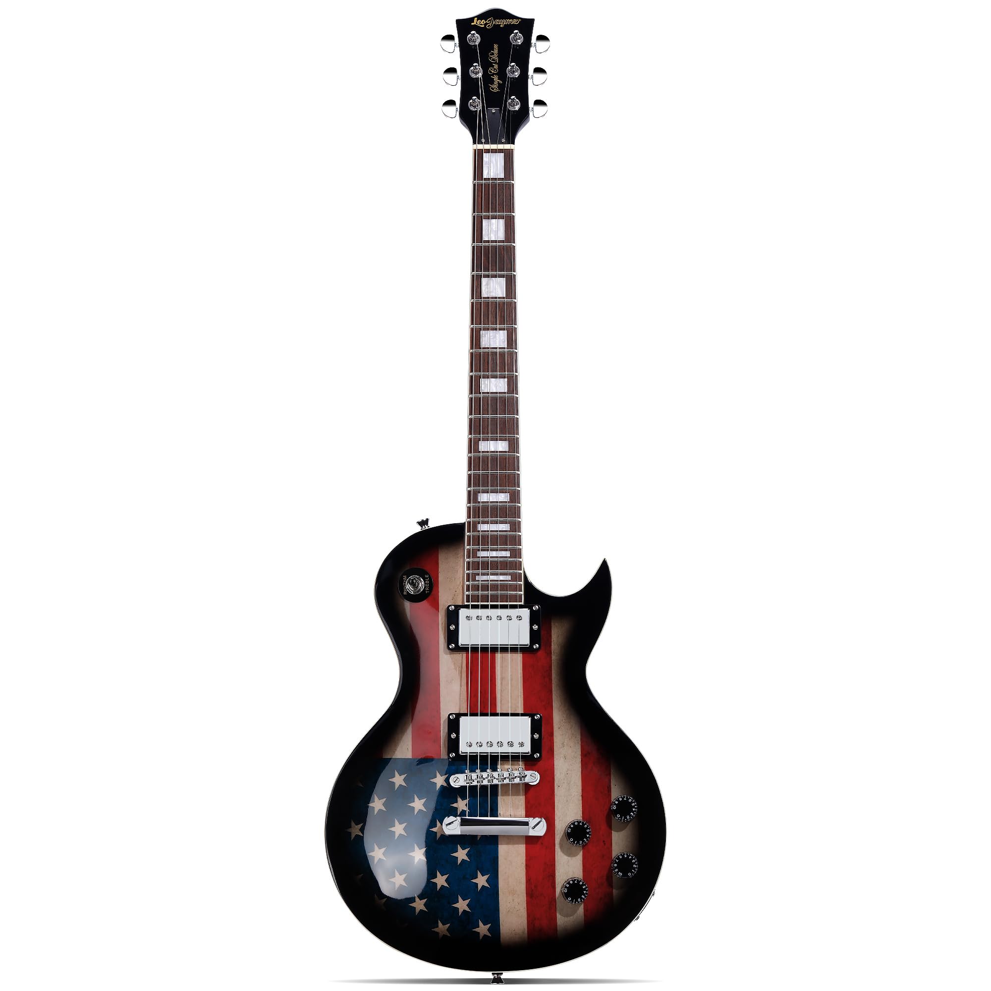 Full Size Single Cut Electric Guitar - with Amazing US Flag Sticker on Curved Top - Grover Machine Heads Installed strings