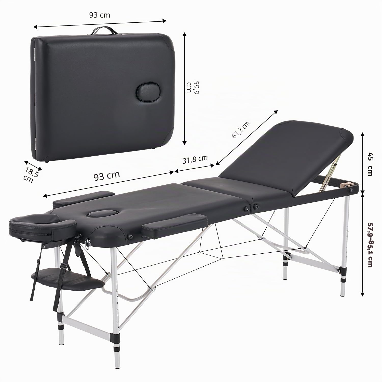 YOUNIKE Lettino da Massaggio Nero Pieghevole Portatile Lettino di Bellezza Professionale a 3 Zone Regolabile e Pieghevole in Altezza in Alluminio con Custodia per il Trasporto